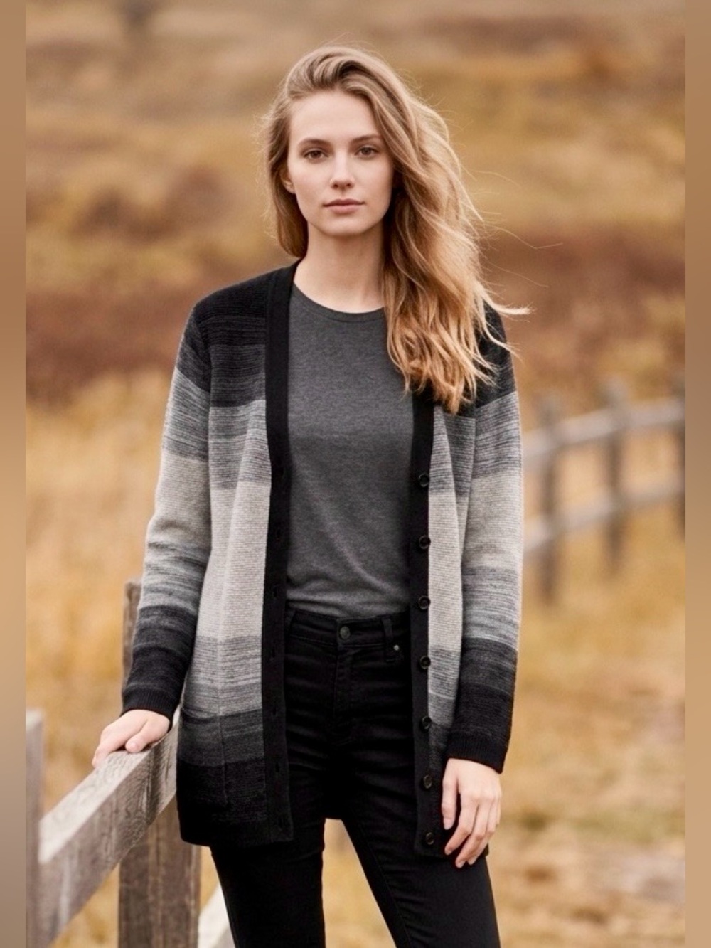 Hannah Woman’s Ombre Long Sleeved Striped Gray Cardigan Sweater in L